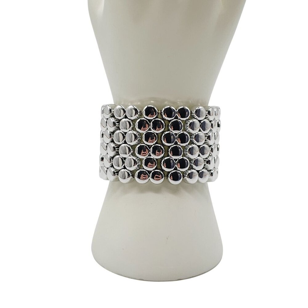 Wide Silver Tone Bead Beaded Honeycomb Style Stretch Bracelet